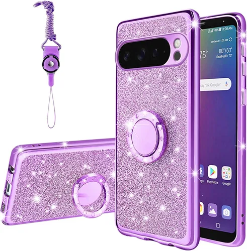 Vista 17 de Funda compatible con Google Pixel 6 Pro para mujer, con purpurina, suave, elegante, transparente, TPU de lujo, bonita funda protectora con correa
