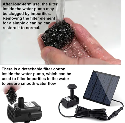 Vista 2 de Kit de bomba de fuente solar con panel solar separado, bomba de agua solar mejorada de 1.8 W con cable de 3 M de largo y 4 boquillas Fuente de agua