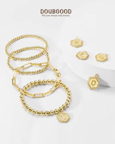 Vista 6 de Doubgood - Pulseras de cuentas de oro para mujer, juego de pulseras apilables de oro para mujeres y hombres, pulsera de cuentas elásticas chapada