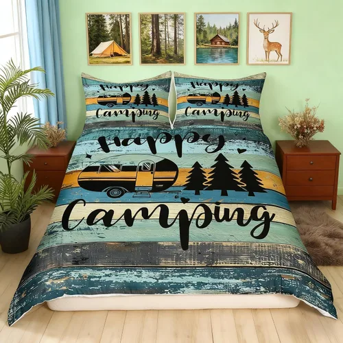 Vista 13 de Castle Fairy Juego de ropa de cama Happy Camping para niños, funda de edredón estilo granja occidental con cierre de cremallera, juego de ropa