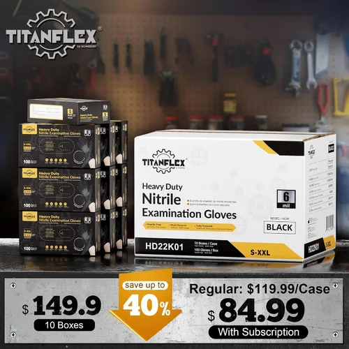 Vista 2 de TitanFlex Guantes de nitrilo negro resistente, 6 mil, totalmente texturizados, guantes desechables mecánicos, sin látex, sin polvo