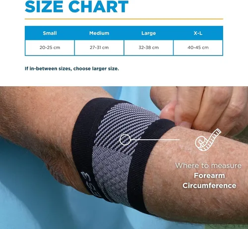 Vista 2 de OrthoSleeve Codera ES3 diseñada para prevenir y revivir el dolor asociado con codo de tenista, codo de golfista, dolor general de codo y dolor