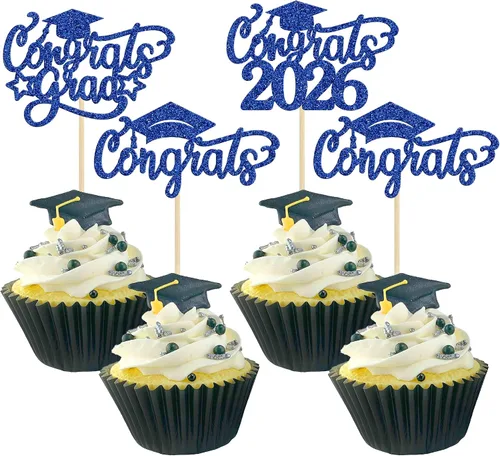Vista 14 de Gyufise 24 piezas de decoración para cupcakes con purpurina para graduación 2026, decoración de pasteles para graduación 2026, decoración de Negro