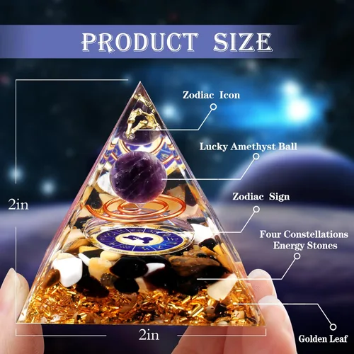 Vista 2 de Pirámide de orgón del horóscopo, juego de regalo de cristal curativo, piedras del signo del zodiaco a piedra natal complementaria, para astrología