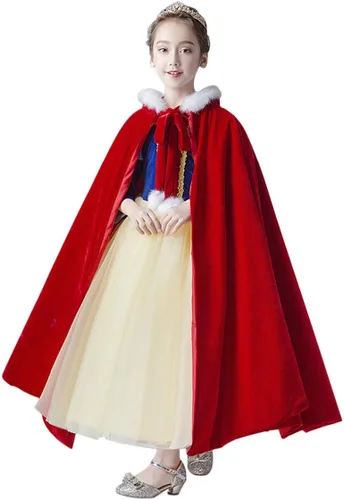 Vista 3 de Capa peluda con capucha para niñas, capa cálida para Navidad, Halloween, princesa, capa larga de vellón para fiesta, disfraz de cosplay, color rojo