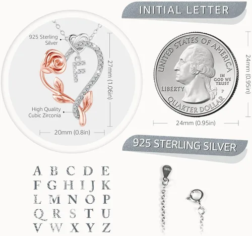 Vista 4 de SNZM Initial Necklaces Valentine's Day Mother's Day Gifts for Women-925 Sterling Silver Rose Heart Letter Pendant Necklace with 5A Cubic Zirconia