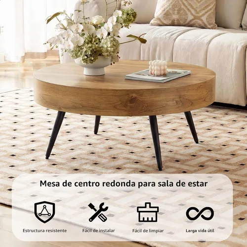 Vista 7 de LKTART Mesa de centro para sala de estar, mesas de centro redondas de madera con almacenamiento, mesa de té moderna de centro de metal para Marrón