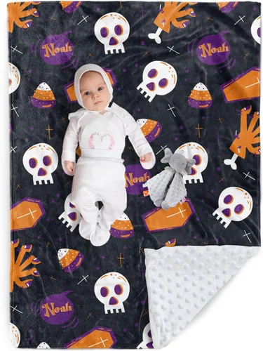 Vista 12 de Manta de Halloween personalizada, diseños de dibujos animados con nombre personalizable, manta de franela de felpa suave con respaldo punteado