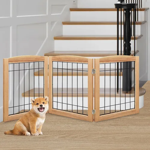 Vista 10 de LZRS Puerta plegable independiente de madera para perros de 2 paneles, madera maciza y alambre de acero, barrera para mascotas resistente a