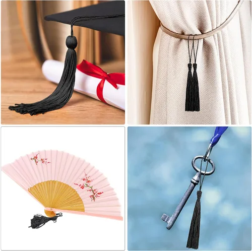 Vista 4 de 100 borlas para manualidades, llavero de graduación, marcas de libro con mini borlas para fabricación de joyas y celebraciones de graduación (negro)