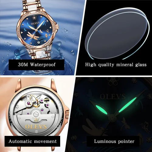 Vista 5 de OLEVS Elegante reloj automático para mujer, elegante, de cara grande, con diamante, resistente al agua, correa de cerámica de acero inoxidable