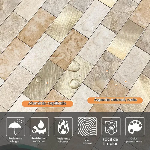 Vista 2 de VAOVI Azulejos de cocina para despegar y pegar para salpicaduras de metro autoadhesivos, adhesivos de pared para baño (10 hojas, Marrón Oro)