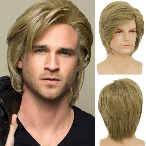 Vista 8 de Pelucas cortas onduladas marrones para hombres, sintéticas, resistentes al calor, esponjosas, para Halloween, cosplay, peluca Marrón claro