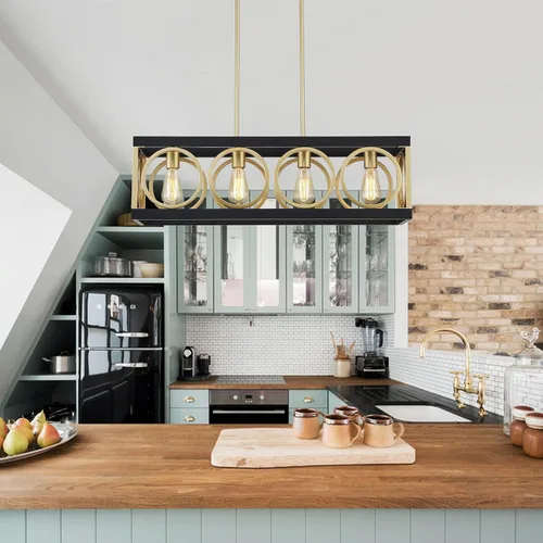 Vista 7 de XINGQI Lámpara de araña rectangular moderna, iluminación de isla de cocina de granja, accesorio de luz colgante industrial rústico de 4 luces