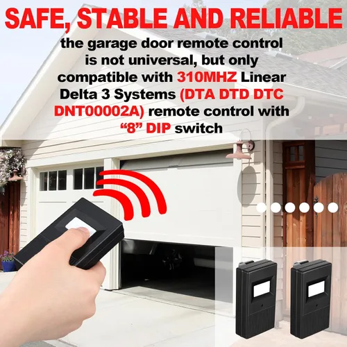 Vista 3 de Kingdder 2 piezas mando a distancia para puerta de garaje compatible con Linear Delta 3 DT DTA DTD DTC DNT00002A 8 interruptores DIP 310 MHz
