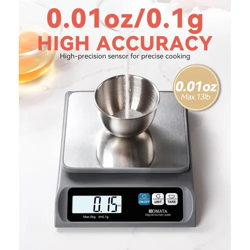 Vista 2 de BOMATA Báscula de alimentos de 0.00 oz/ 13 libras, báscula digital de cocina con bandeja de acero inoxidable extraíble, pantalla LCD retroiluminada