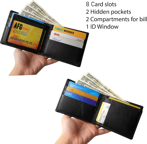 Vista 3 de HATA Billetera de piel plegable de cocodrilo para hombre, con bloqueo RFID, hecha a mano para papá, marido, hijo, profesor