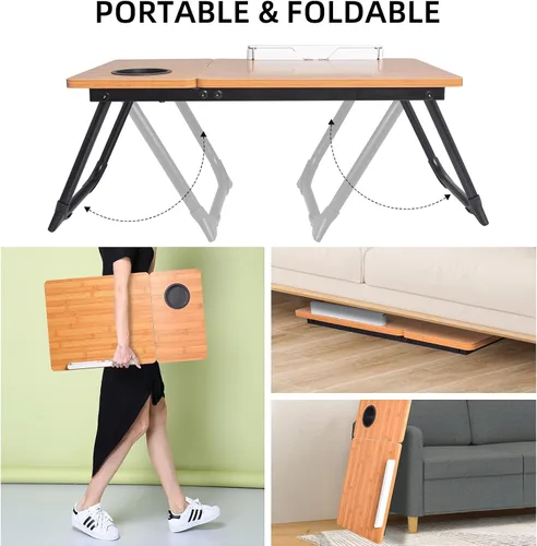 Vista 5 de Mesa de cama ajustable para laptop con soporte para libros, escritorio portátil de lectura con panel lateral, grano de madera