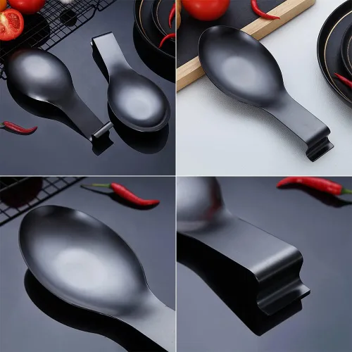 Vista 7 de Soporte de cuchara negro mate, soporte de cuchara de acero inoxidable para estufa, soporte de utensilios de cocina para cucharones, cucharones