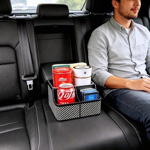 Vista 7 de Organizador de Asiento de Automóvil con Portavasos, Caja de Almacenamiento Extra para Reposabrazos de Automóvil, Organizador de Joroba del Piso