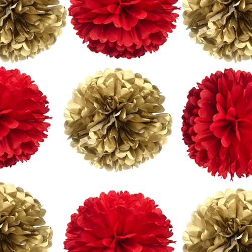Vista 3 de Kit de pompones de papel tisú rojos y dorados de 14 pulgadas DIY, bola decorativa de flores de papel para Navidad, Nochevieja, fiesta, boda, baby