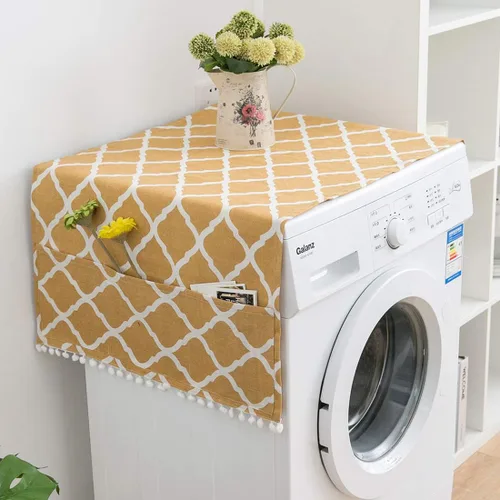 Vista 6 de vctops Funda de algodón y lino con estampado bohemio para nevera, a prueba de polvo, pompones, cubierta superior de lavadora multiusos con 6
