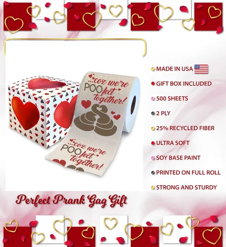 Vista 3 de Printed TP 'Coz We're POO-fect Together - Papel higiénico impreso, divertido rollo de papel higiénico para San Valentín, decoración de baño, regalo