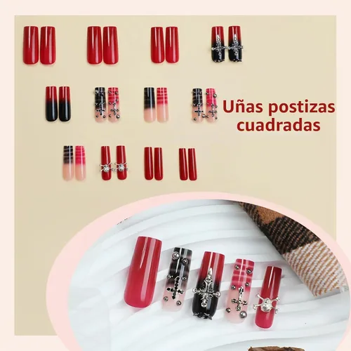 Vista 4 de MISUD - Uñas postizas largas cuadradas con pegamento de Rojo Gótico y Negro, diseño cruzado gótico Y2K acrílico, 24 piezas 020A00Rojo y Negro