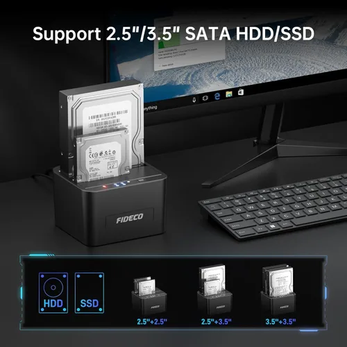 Vista 4 de Estación de acoplamiento de disco duro externo FIDECO, base de disco duro para HDD SATA SSD de 2.5 y 3.5 pulgadas, estación de acoplamiento de disco