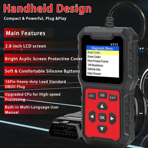 Vista 6 de V315 OBD2 Herramienta de diagnóstico, lector de código, herramienta de diagnóstico de luz de motor, probador de voltaje de batería, para coches