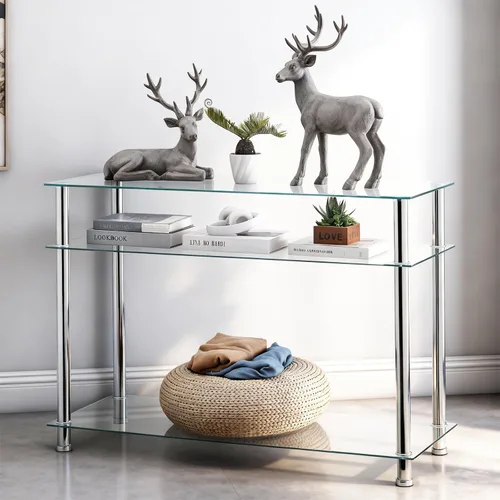 Vista 3 de Mesa consola de cristal plateado para entrada, moderna y cómoda mesa de sofá de vidrio de 3 niveles con patas cromadas, sala de estar, pasillo
