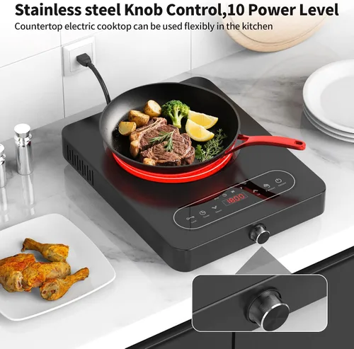 Vista 5 de VBGK Cocina eléctrica de un solo quemador, 110 V 1800 W con controles táctiles LED y controles de perilla, 10 niveles de potencia, temporizador de 4