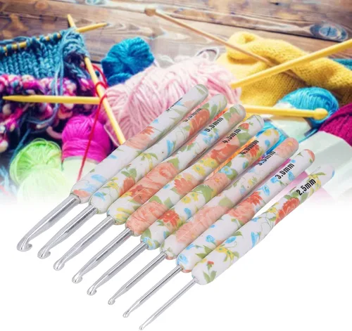 Vista 2 de Juego de 8 ganchos ergonómicos de ganchillo, kit de ganchos de ganchillo de aluminio colorido con diseño floral amarillo para tejedores