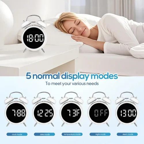 Vista 5 de Reloj despertador extra fuerte para adultos, adolescentes, niños, bonito metal retro, antiguo con campanas gemelas, funciona con pilas o enchufe