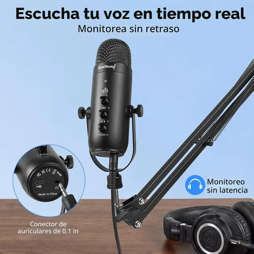 Vista 6 de ZealSound - Micrófono para podcast con brazo de brazo, micrófono USB con reducción de ruido, silencio, eco y control de volumen, monitoreo