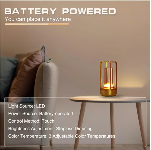 Vista 5 de Lámpara de Mesa Pequeña, Lámpara LED Recargable Inalámbrica Operada por Batería, Lámpara de Noche Ajustable de 3 Temperaturas de Color para Sala