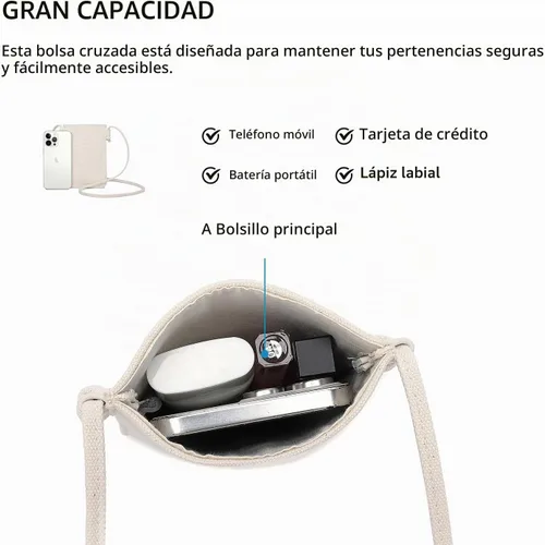 Vista 4 de Bolso cruzado pequeño para mujer, mini bolso cruzado de lona de algodón Beige