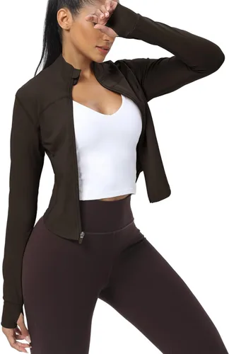 Vista 81 de AVGO Chaquetas de entrenamiento recortadas para mujer, con cremallera, ajustadas, atléticas, con agujeros para el pulgar