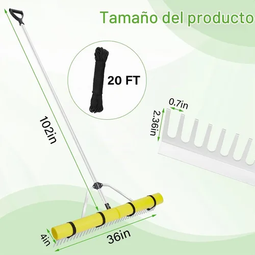 Vista 3 de Rastrillo acuático de malezas para estanque, rastrillo flotante desmontable, rastrillo de aluminio para estanque al aire libre con cuerda