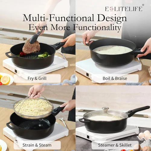 Vista 6 de ESLITE LIFE Sartén antiadherente Always con tapa, sartén de 11 pulgadas (4.5 Qt) para freír en profundidad y saltear, segura para horno, inducción