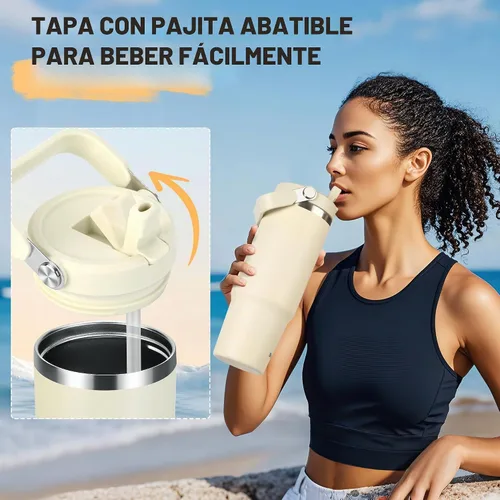 Vista 2 de TaroKitc Vaso de 30 onzas con asa y popote abatible, botella de agua aislada al vacío de triple pared, taza de viaje reutilizable a prueba de fugas