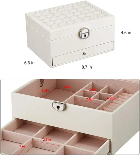 Vista 3 de goldwheat Joyero organizador de cuero de dos capas con espejo de cerradura para mujeres y niñas, estuche de viaje, almacenamiento de exhibición