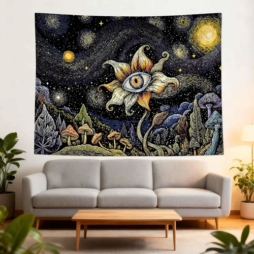 Vista 4 de Yeoiat Tapiz de flores cósmicas, tapiz de hongo, paisaje en pared, noche estrellada, arte botánico visionario, decoración para recámara