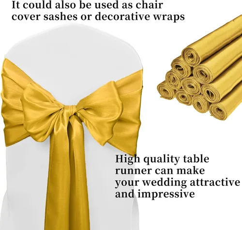 Vista 3 de Paquete de 20 caminos de mesa dorados de satén de 12 x 108 pulgadas de largo para bodas, decoraciones para fiestas de cumpleaños, banquetes