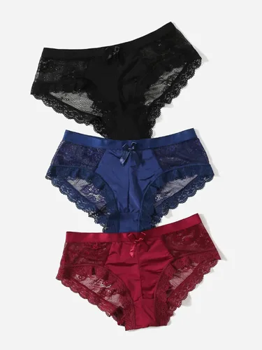 Vista 3 de OYOANGLE Conjunto de 3 bragas de encaje en contraste con ribete festoneado para mujer, conjunto de ropa interior de tiro medio