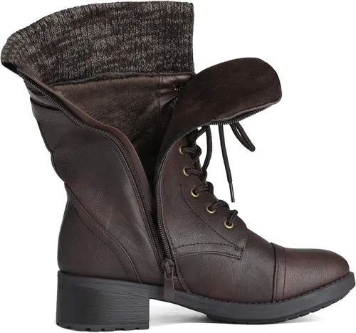 Vista 4 de DREAM PAIRS Botas militares de invierno con cordones a media pantorrilla para mujer