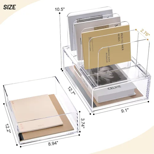 Vista 4 de YUXUN Organizador de escritorio con cajones, organizador de archivos de acrílico con 4 soportes verticales para archivos y 1 cajón deslizante