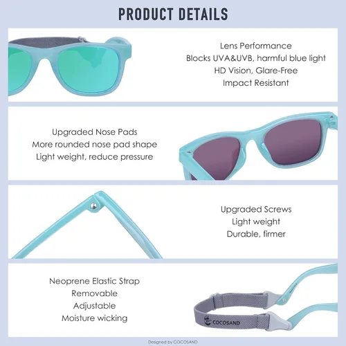 Vista 5 de COCOSAND Gafas de sol para bebé con correa, protección UV400, marco flexible para niñas y niños de 0 a 24 meses