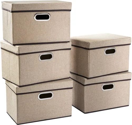 Vista 11 de PRANDOM Contenedores de almacenamiento con tapas [paquete de 3] cajas de almacenamiento plegables de tela de lino, canastas organizadoras, cubos