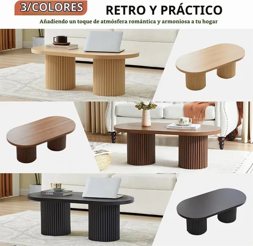 Vista 5 de Mesa de centro pequeña acanalada, mesa de centro de madera ovalada de estilo rústico de mediados de siglo, mesa central moderna estilo bohemio